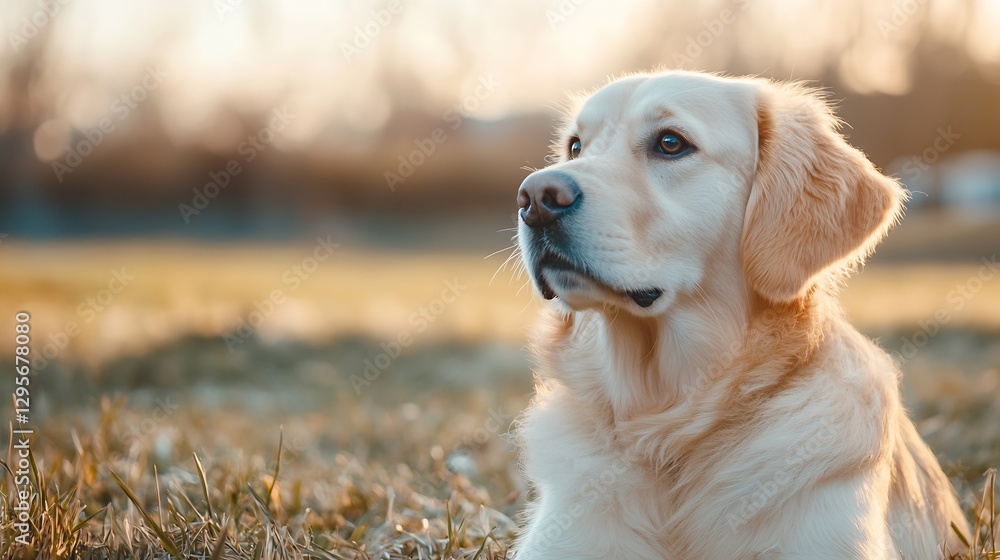 Poster golden retriever dog sitting peacefully in a field during golden hour with a soft warm light : gener