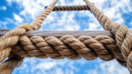 Fototapeta premium Looking Up a Rustic Wooden Ladder with Thick Rope Against a Vast Blue Sky and White Clouds : Generative AI
