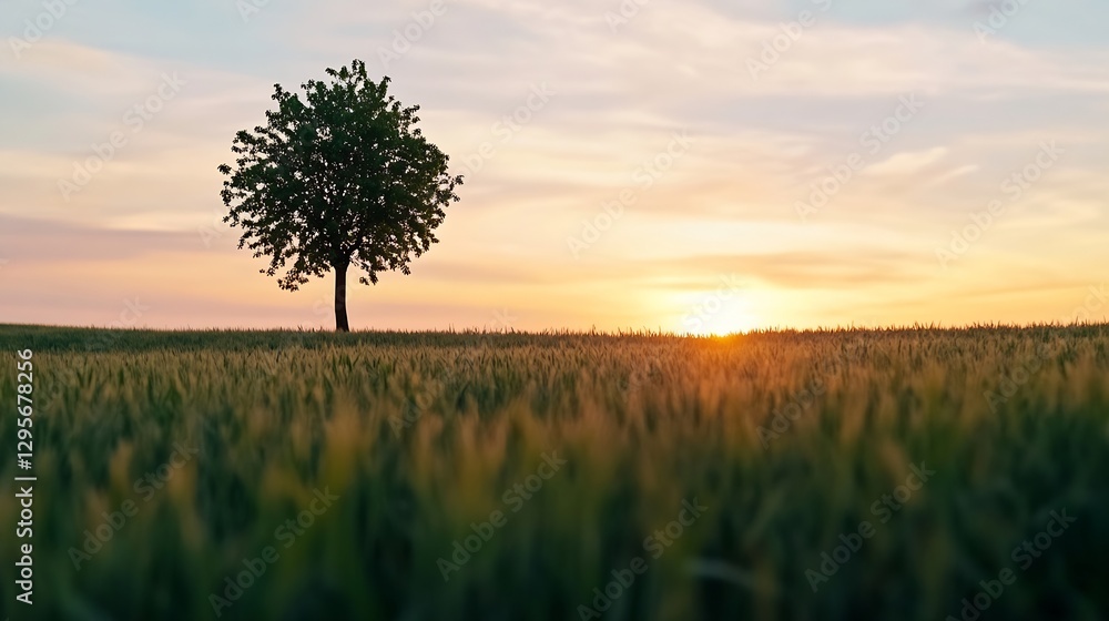 Aufkleber charming sunset illuminating a lone tree in a lush green field emphasizing tranquility and nature's 