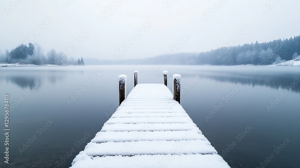 Poster serene winter lake view with snow covered pier and foggy horizon in tranquil natural setting : gener