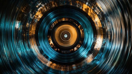Abstract vinyl record spin art, mesmerizing circular patterns, classic audio equipment details, moody atmospheric lighting, deep shadow contrasts, vintage hardware close-up, organic motion capture,