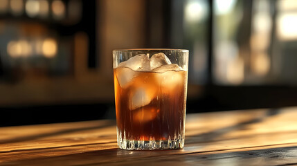 Deep Drink with Ice Cubes on Table in Sunlight