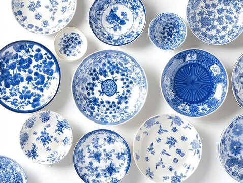 Blue and white china bowls and plates arranged on white background