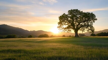 Fototapeta premium Majestic solitary tree silhouetted against a breathtaking sunset backdrop in a tranquil landscape : Generative AI