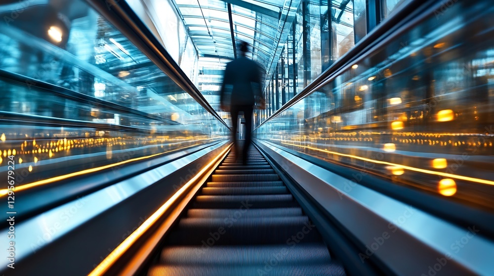 Aufkleber Dynamic Perspective of a Businessman Walking on an Escalator with Blur Effects : Generative AI