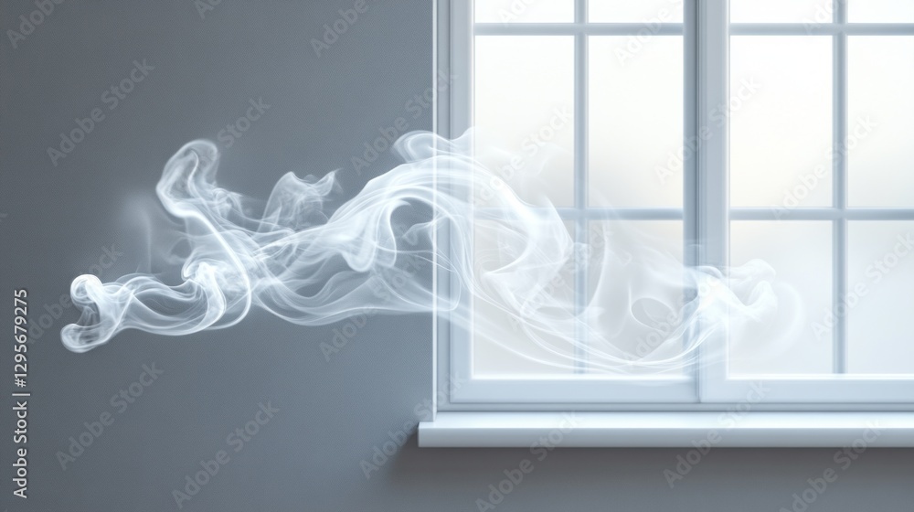 Poster Soft smoke wisps drift gently towards the window, intertwining with the evening air. The dim light casts a serene ambiance, adding depth and intrigue to the simple indoor space