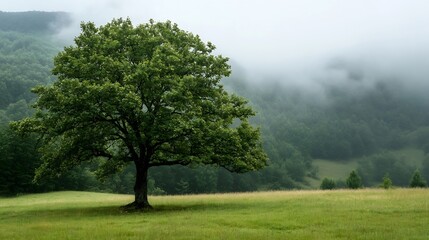 Fototapeta premium Lone Tree Standing in a Serene Meadow Surrounded by Light Fog and Lush Greenery : Generative AI