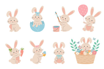 Easter bunny set on white background. Cute pastel rabbits in different poses.