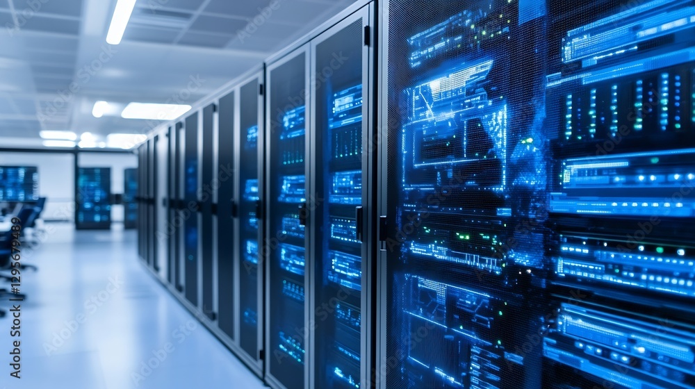 Poster high-tech data center with rows of servers and glowing blue lights in modern facility : generative a