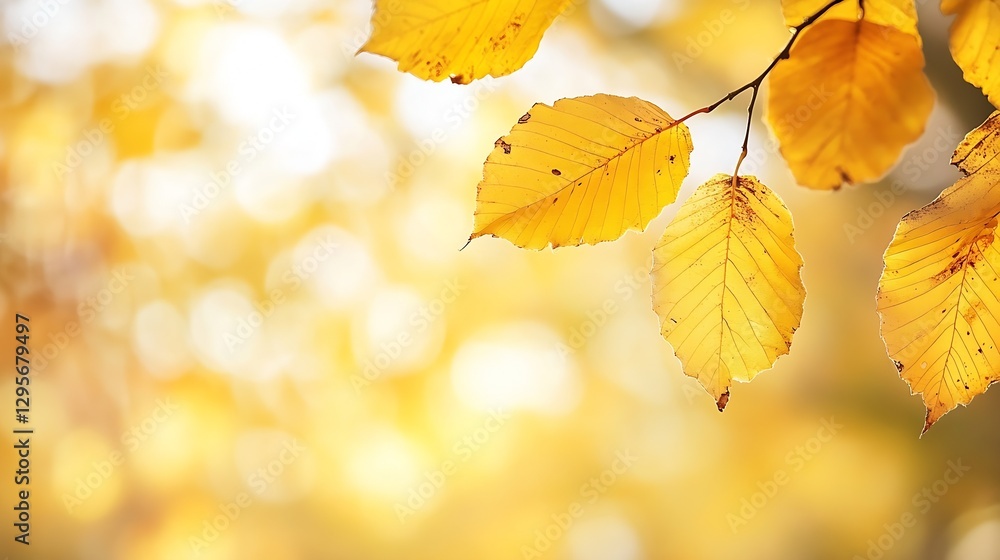 Poster delicate autumn leaves in stunning golden hues illuminated by soft natural light in the background :