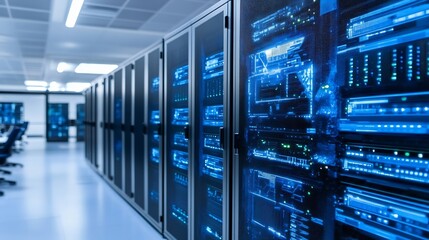 High-tech data center with rows of servers and glowing blue lights in modern facility : Generative AI