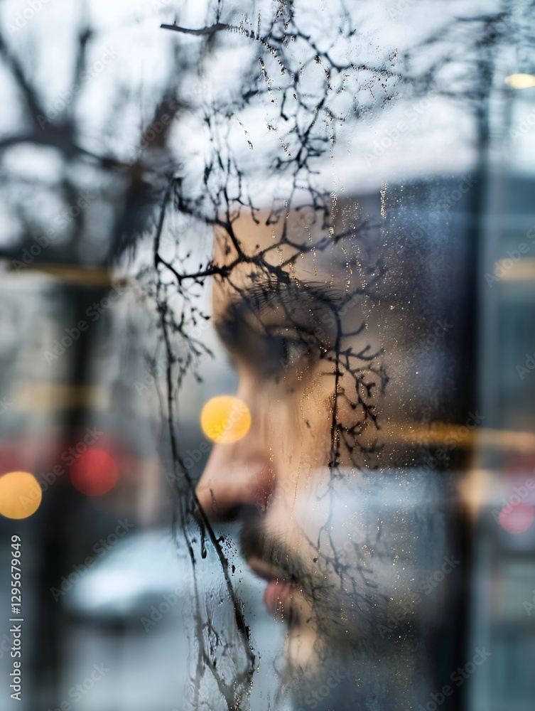 Poster artistic reflection of a thoughtful man behind a wet glass window with nature patterns : generative 