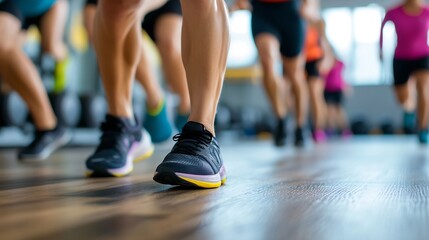 Closeup of feet of athletes running swiftly on gym floor during highenergy workout class : Generative AI