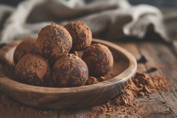 Decadent Chocolate Protein Bites on Rustic Wooden Plate with Cocoa Dusting