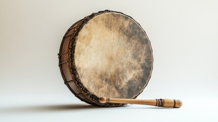 Sacred drum photography, aged leather texture, handcrafted wooden frame, ritual percussion instrument, soft beater tool, clean white backdrop, ethnographic documentation, museum quality lighting