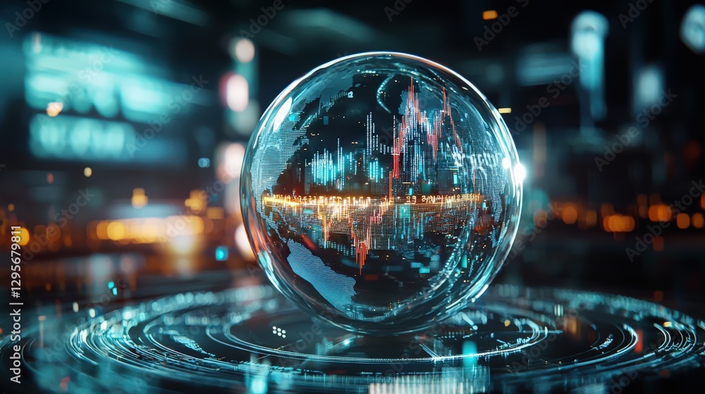 Poster a futuristic digital globe showcasing stock market data with vibrant analytics and a network signal 