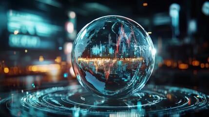 A futuristic digital globe showcasing stock market data with vibrant analytics and a network signal overlay, symbolizing financial innovation and growth.