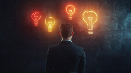 Decision-making process, symbolizing a businessman contemplating choices between true and false options in business operations.
