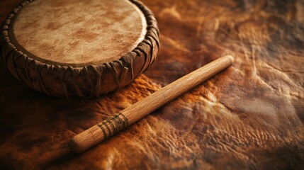 Spiritual music tool still life, textured animal hide surface, artisanal wooden drumstick, natural grain detail, healing instrument, bright studio lighting, archival documentation style