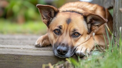 Fototapeta premium Adorable dog resting calmly on a wooden deck surrounded by green grass highlighting its expressive eyes : Generative AI