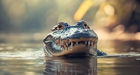 Fototapeta premium Majestic Crocodile Emerging from Water Surrounded by Nature Under Soft Light in Serene Environment