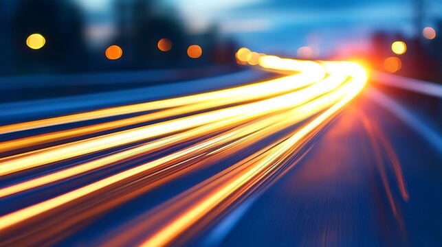 Vibrant light trails of vehicles on a busy highway at dusk creating a sense of movement and speed : Generative AI