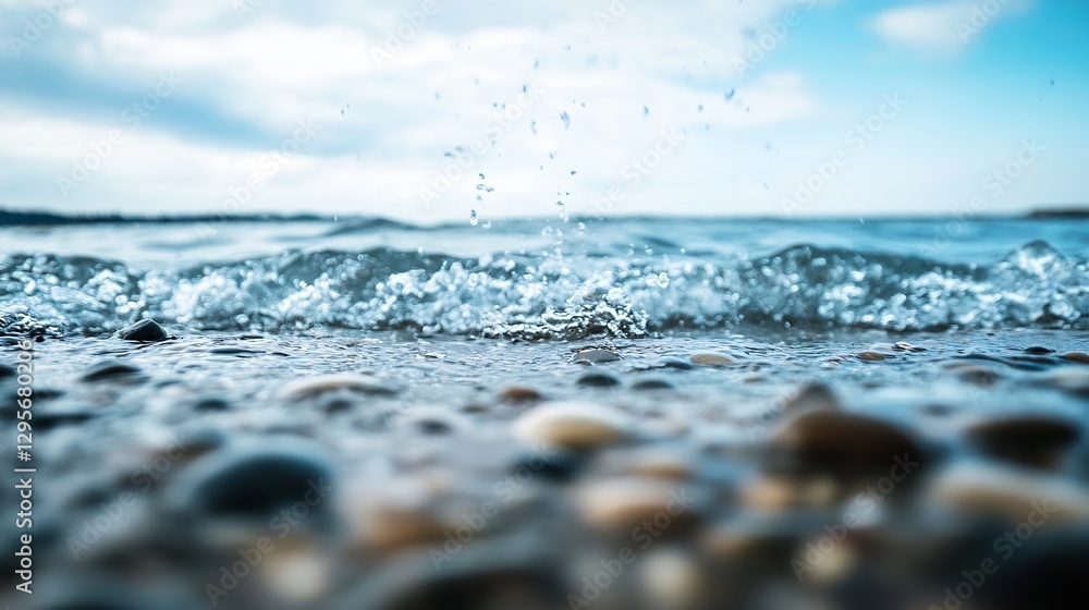 Poster Closeup view of clear ocean waves splashing on smooth pebbles under a bright sky : Generative AI