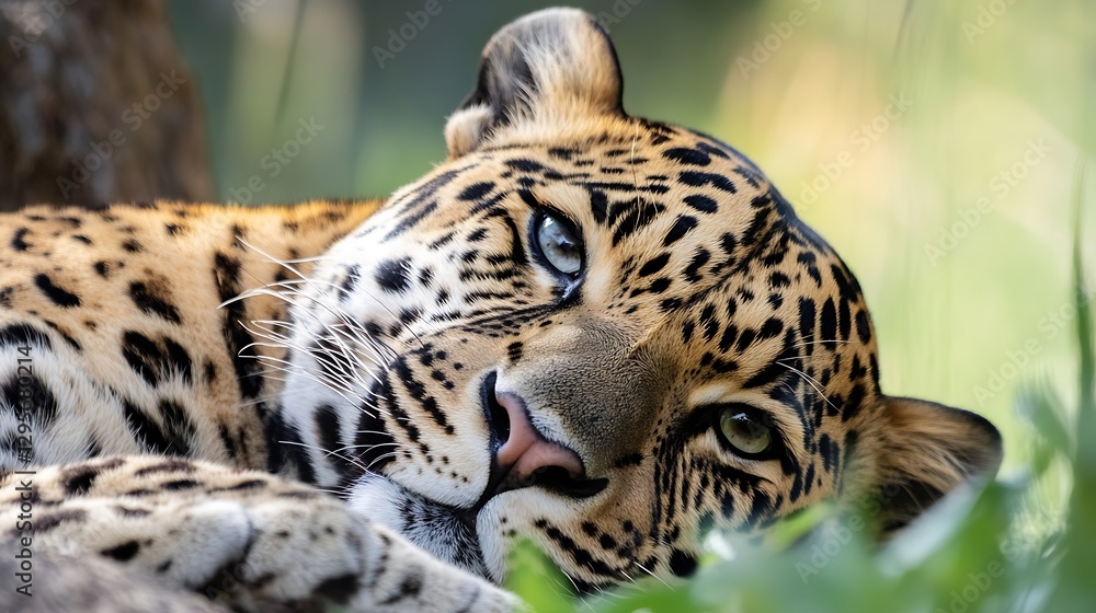 Poster majestic close up of a leopard resting peacefully among lush greenery in the wild : generative ai
