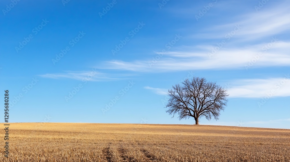 Poster isolated tree in a vast golden field under a clear blue sky : generative ai