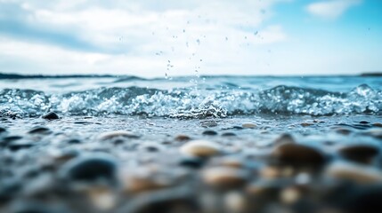 Closeup view of clear ocean waves splashing on smooth pebbles under a bright sky : Generative AI