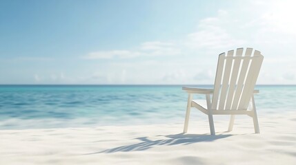 White beach chair facing serene ocean waters under bright blue sky : Generative AI