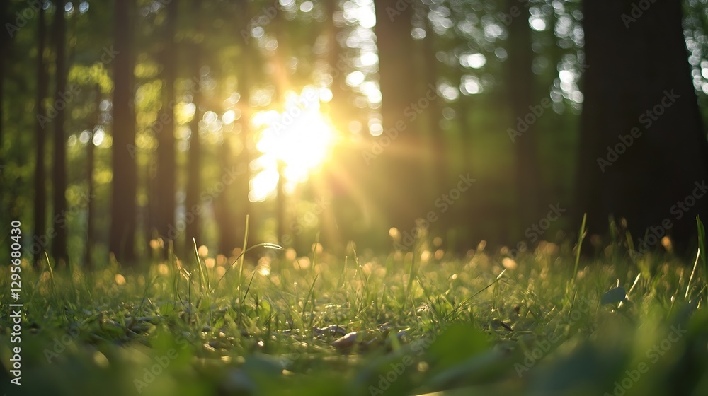 Aufkleber Sunlight Shining Through Trees Creating Glowing Effect in Forest : Generative AI