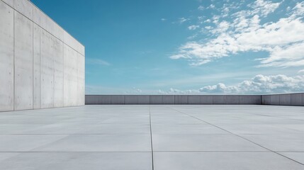 Contemporary open space with a concrete floor and bright blue sky showcasing minimalist design : Generative AI