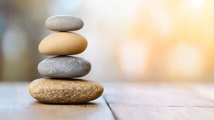 Stacked Pebbles Arranged Artistically on a Wooden Surface with Soft Lighting : Generative AI