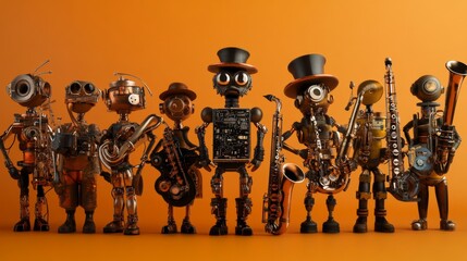 Steampunk robot band lineup, circuit board torso, copper brass mechanics, top hat wearing musician robots, electronic components, trumpet saxophone instruments, miniature mechanical performers, gear