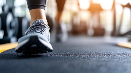 Fototapeta premium CloseUp of Athletic Shoes Stepping onto Treadmill for Dynamic Workout Session : Generative AI