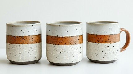 Three speckled ceramic mugs with brown stripes, two without handles and one with.