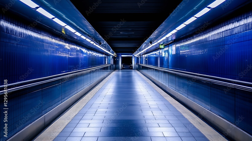 Poster modern urban tunnel featuring blue lighting creating an intriguing passageway : generative ai