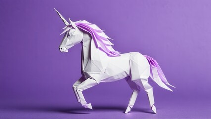 Naklejka premium an elegant origami unicorn gracefully prances against a soft purple backdrop