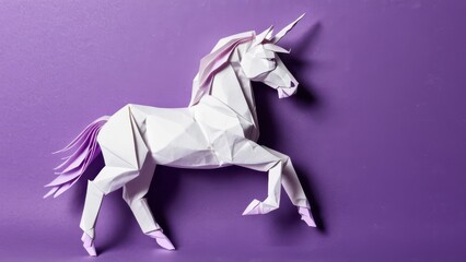  a whimsical origami unicorn leaps gracefully against a vibrant purple backdrop