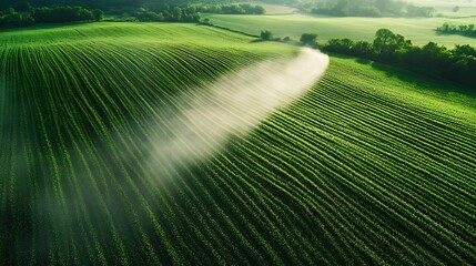 A drone flying over farmland spraying curved white smoke on green field