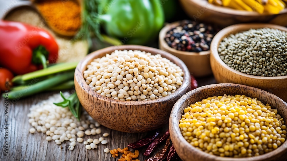 Poster Colorful assortment of various spices and grains arranged in wooden bowls on rustic table : Generative AI