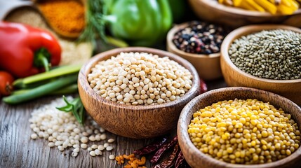Colorful assortment of various spices and grains arranged in wooden bowls on rustic table : Generative AI