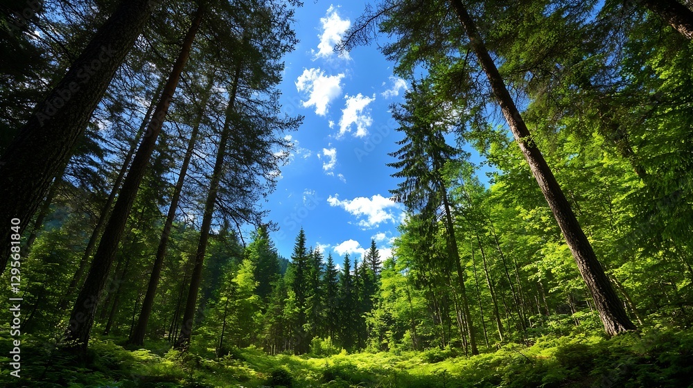 Poster lush green forest under bright blue sky with tall trees and fluffy clouds : generative ai