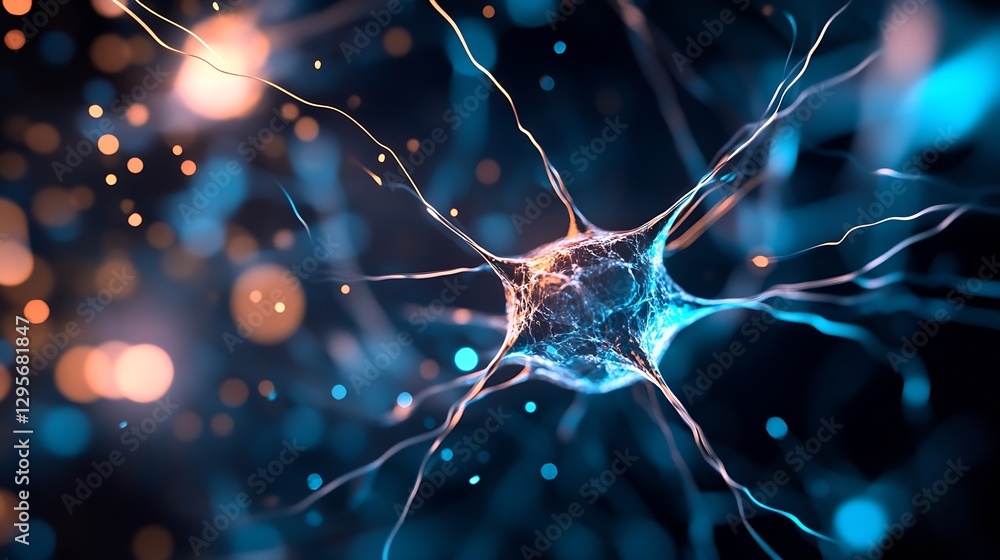 Poster colorful neuron cell with electric signals and bright particles : generative ai
