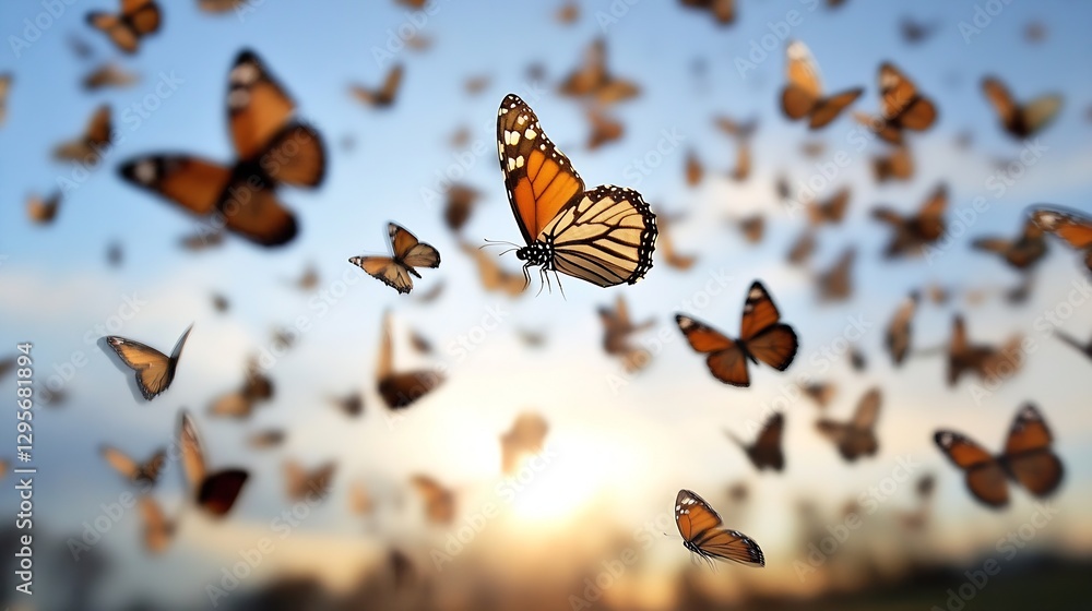Aufkleber a mesmerizing swarm of colorful butterflies fluttering in the golden hour : generative ai