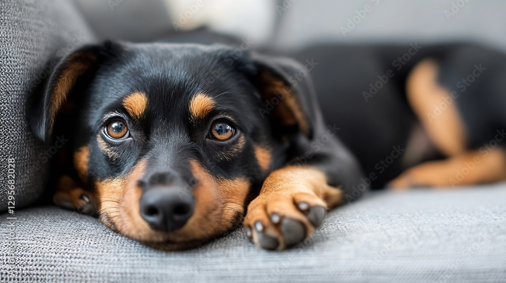 Poster adorable black and tan dog relaxing on a sofa with expressive eyes and a calm demeanor : generative 