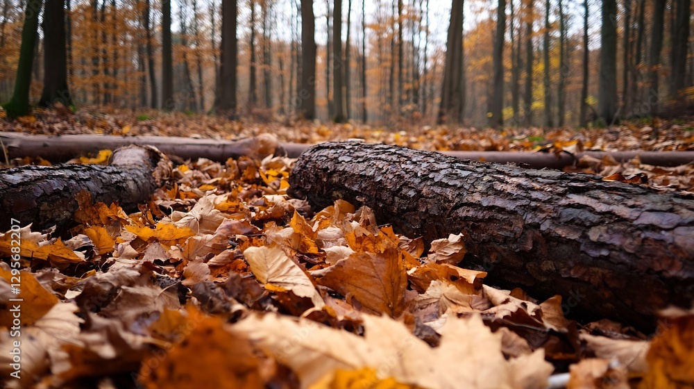 Poster Golden Autumn Leaves on Forest Floor with Fallen Logs and Trees in Background : Generative AI
