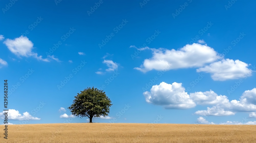 Aufkleber lonely tree standing majestically on a vast field under a bright blue sky with fluffy clouds : gener
