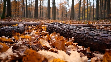 Golden Autumn Leaves on Forest Floor with Fallen Logs and Trees in Background : Generative AI